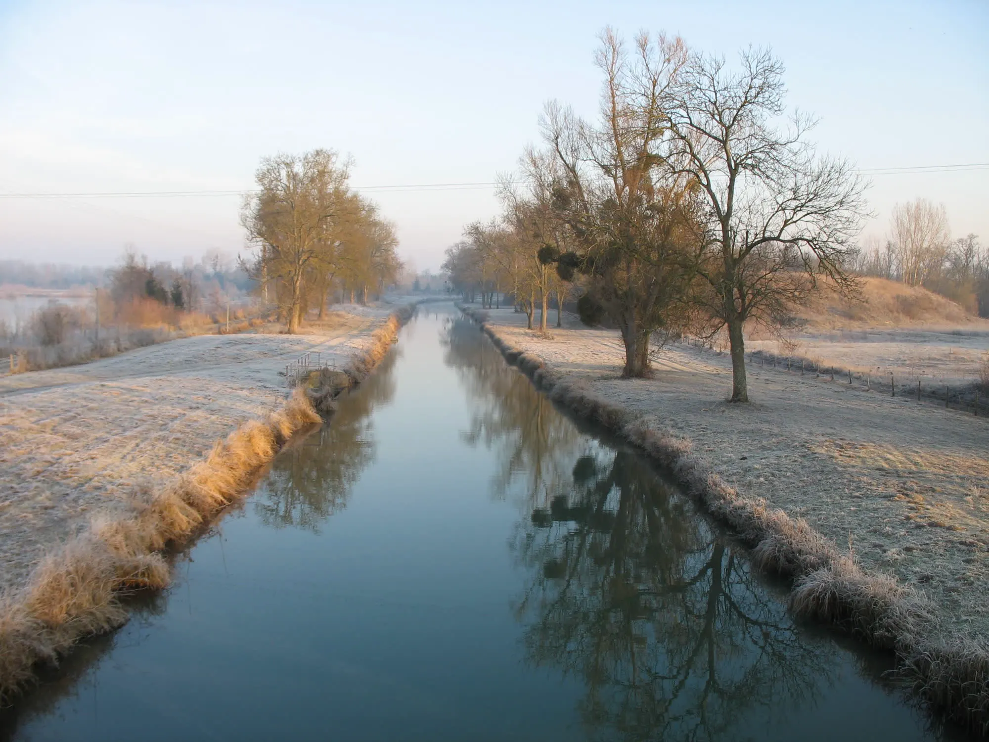 Un canal de la Bassée au petit matin, berges givrées et arbres nus.