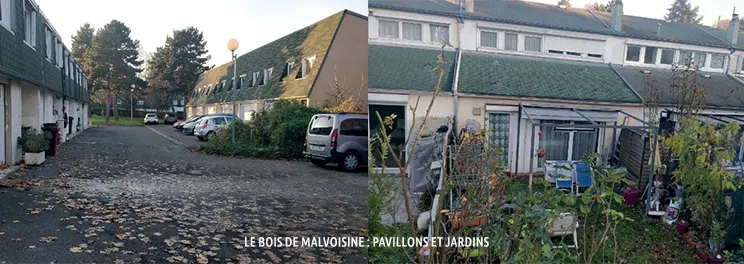 Le lotissement du Bois de Malvoisine à Noisiel : rangées de pavillons en bande et leurs jardins.